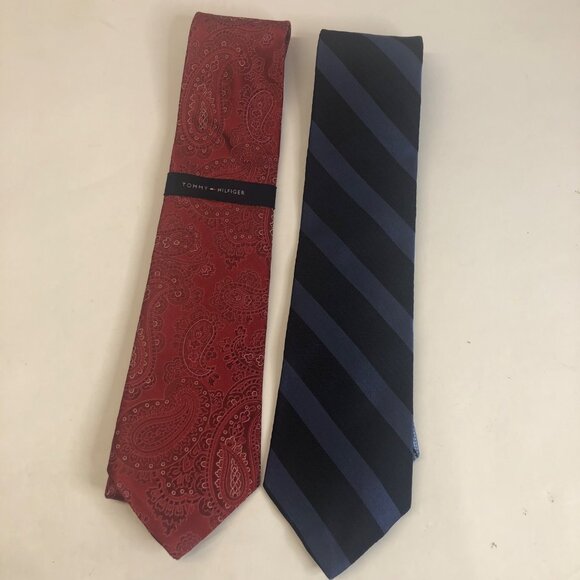 Lot of 2 Tommy‎ Hilfiger 100% Silk Ties Blue Striped & NWT Red German Paisley - Picture 1 of 12